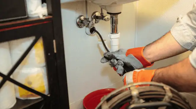 Drain cleaning technician using a motorized plumbing snake to clear a clogged sink pipe in Nashua, NH