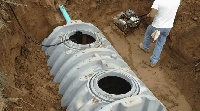 Septic tank installation showing a technician compacting soil around a new poly septic tank in an excavation pit in Nashua, NH